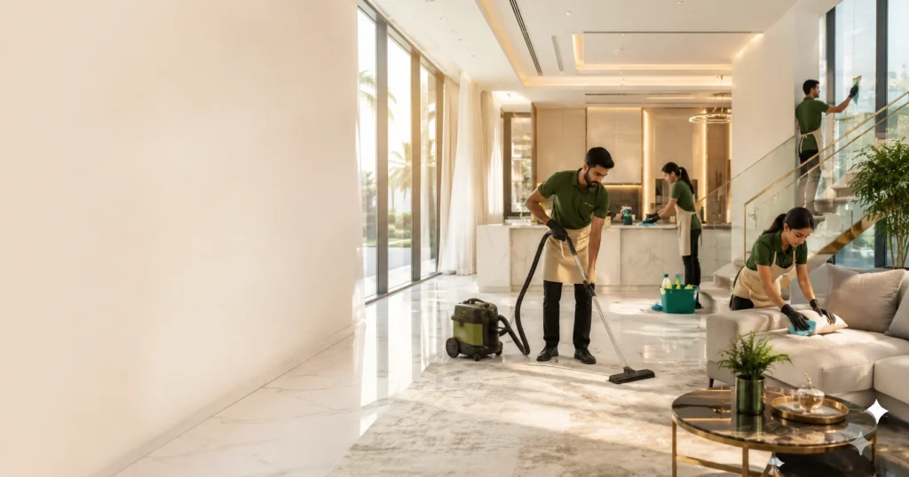 Create a premium, ultra-realistic featured blog image for the article titled "Villa Deep Cleaning Services Dubai". Scene: A luxurious modern Dubai villa with large glass windows, marble flooring, elegant furniture, spacious living room, staircase, and contemporary interior. A professional cleaning team of four (two male and two female cleaners) wearing matching uniforms in Deep Forest Green (#3F5D3B) polo shirts with beige aprons and gloves is performing deep cleaning. One cleaner is vacuuming the carpet, another is disinfecting the kitchen countertops, another is cleaning large glass windows, and another is dusting premium furniture. Cleaning equipment should include a modern vacuum cleaner, microfiber cloths, eco-friendly cleaning sprays, mop, bucket, and polishing tools. The villa should appear spotless, bright, fresh, and luxurious with natural sunlight entering through large windows. Add subtle cleaning effects like sparkling surfaces without looking unrealistic. Background should reflect a high-end Dubai residential villa with a warm, elegant, and welcoming atmosphere. Use the brand color palette: - Deep Forest Green (#3F5D3B) - Olive Grey (#C1C3B9) - Warm White (#F8F7F2) - Soft Beige (#E9E4D7) - Muted Gold (#D9B84E) Composition: - Wide horizontal layout (1200×630 px) - Leave clean negative space on the left side for adding the blog title later. - Keep the cleaners on the right side to balance the composition. - No text, logos, watermarks, or icons. Style: Villa Deep Cleaning Services Dubai